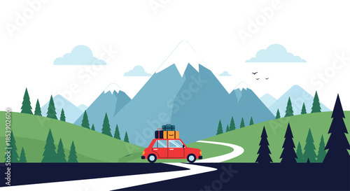 Red car with luggage on the roof driving through a scenic winding road in a pine forest mountain landscape during a road trip.