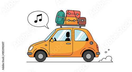 Small orange car with a roof rack full of colorful suitcases and a musical note speech bubble for a fun travel theme.