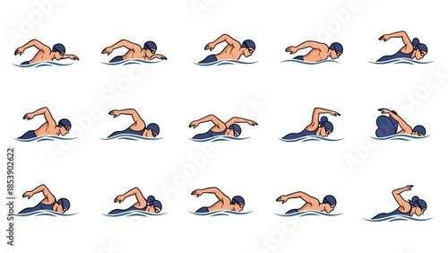 Swimmers in various strokes and positions in water