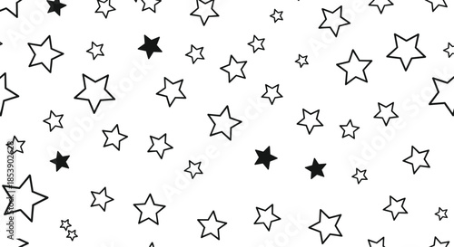 Simple seamless pattern featuring scattered black and white stars of different sizes for modern nursery or textile designs.
