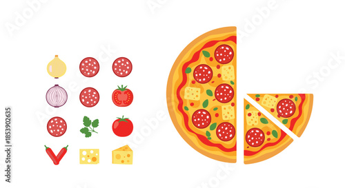 Pepperoni pizza shown as a whole, half, and single slice alongside icons of its fresh vegetable and meat ingredients.