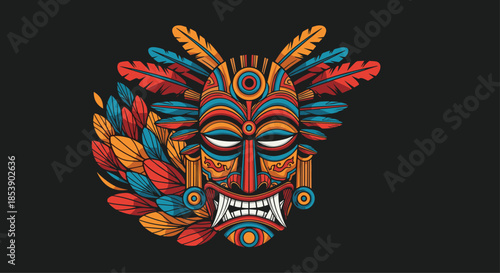 Traditional tiki mask illustration features vibrant colors and elaborate feather details against a solid black background.
