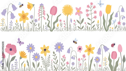 Flat Vector Illustration of a Spring Wildflower Meadow Border with Colorful Tulips Daisies Bluebells and Bees