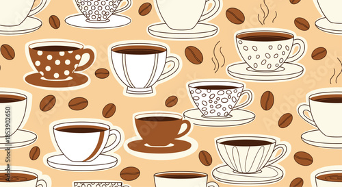Cozy coffee themed pattern showcases various styles of coffee cups and roasted beans on a warm beige background color.
