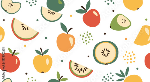 Fruit pattern showcase featuring whole and sliced apples in vibrant red, green, and orange colors on a white background.