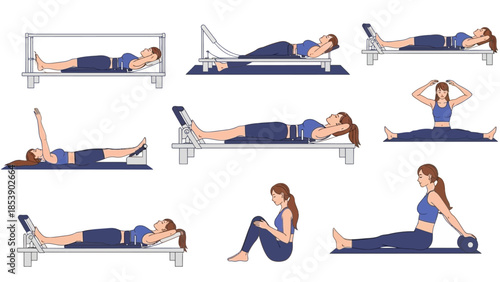Woman performing various pilates exercises on reformer machine and mat