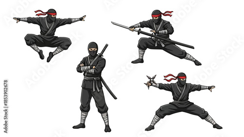 Dynamic ninja warrior poses in various action stances