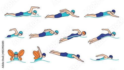 Various swimming styles and techniques illustrated in dynamic movements