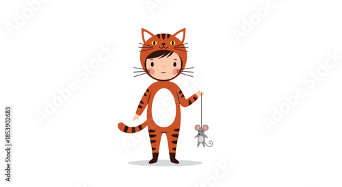 Young child dressed in a cute orange tiger or cat costume holds a small toy mouse in this charming character illustration.