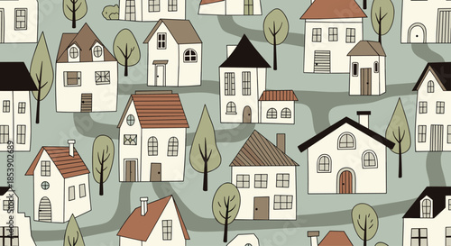 Detailed neighborhood map pattern features diverse house designs connected by winding streets and scattered trees in town.