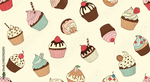 Variety of delicious cupcakes with different frostings and toppings are scattered in a playful pattern for desserts and treats.