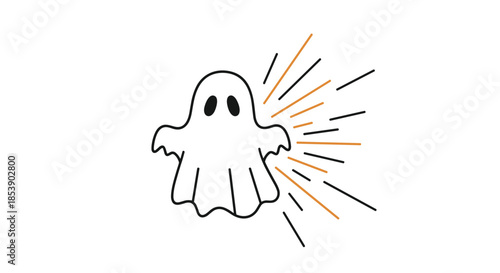 Friendly cartoon ghost character is shown with energetic radiating lines on a plain white background for Halloween.