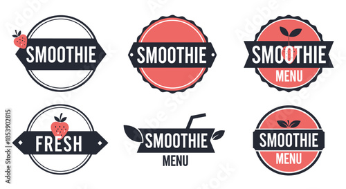 Collection of smoothie and juice bar logos features fresh fruit motifs and bold typography for healthy menus and shops.