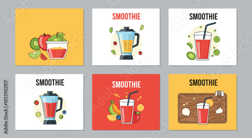 Set of vibrant smoothie posters features blenders, fresh fruits, and colorful drinks in various design layouts.