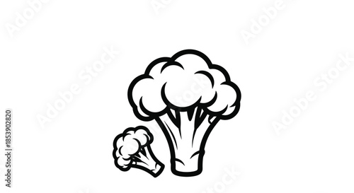 Minimalist line art illustration of broccoli florets is rendered in bold black and white for kitchen or menu design.