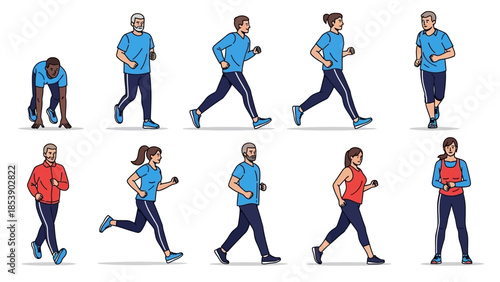 Diverse people running and exercising in various poses and outfits