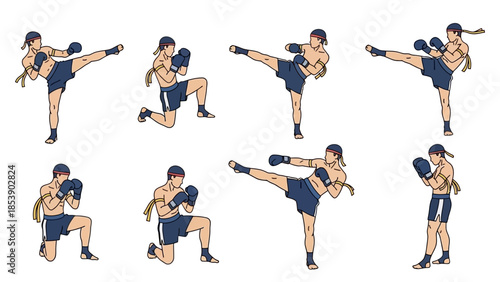 Dynamic Muay Thai fighter in various fighting poses and techniques