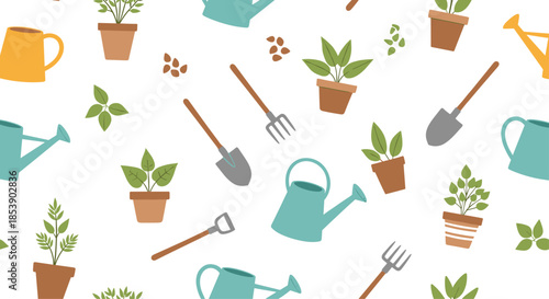 Seamless pattern featuring various gardening tools like shovels, forks, and watering cans with green potted plants on white.