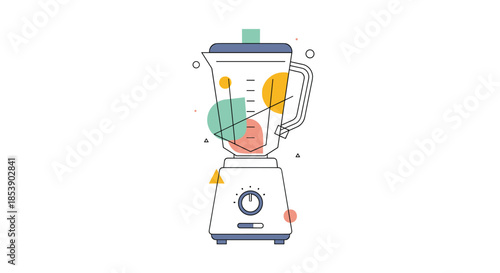 Modern electric kitchen blender illustrated with colorful abstract geometric shapes for healthy smoothie preparation and cooking.
