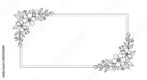 Elegant rectangular frame with delicate hand drawn floral arrangements in the corners perfect for wedding invitations or cards.
