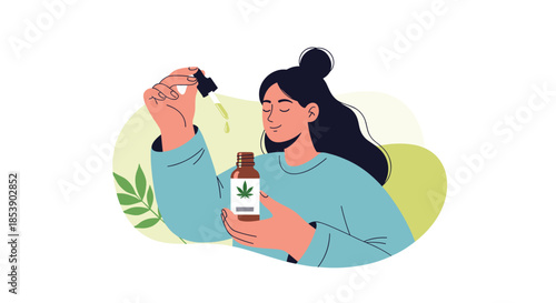 Young woman holding a bottle and dropper of natural cannabis oil with green leaves depicted in the background for wellness.