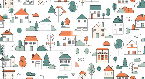 Seamless neighborhood pattern showcasing diverse house designs and green trees in a minimalist flat architectural illustration.