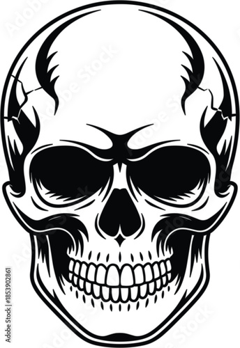 Black and white of a skull with a wide smile teeth