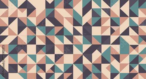 Modern abstract geometric background composed of a mosaic of colorful triangles in teal, brown, and cream muted shades.