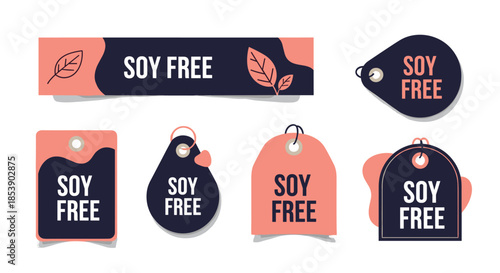 Collection of soy free labels and price tags in peach and navy blue colors with leaf icons for dietary product information.