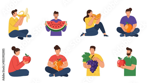 People enjoying fresh fruits in colorful illustrations