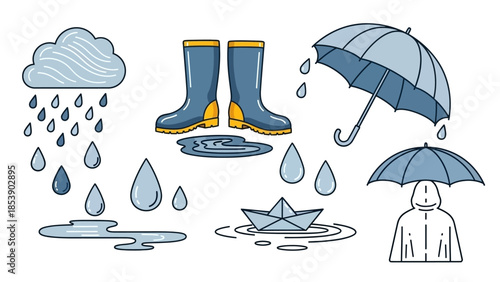 Rainy day essentials with umbrella, boots and rain gear