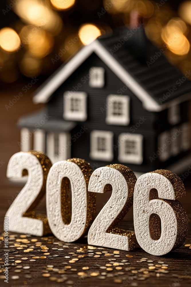 Obraz premium Celebratory 2026 numbers stand in front of a cozy model house for a festive New Year scene