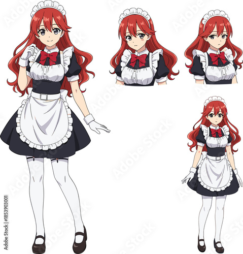 Vector Character Sheet of a Cute Redheaded Anime Girl in a Traditional Black and White Maid Outfit Set