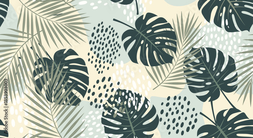 Trendy seamless tropical pattern featuring large monstera leaves and palm fronds with abstract dots on a cream background.
