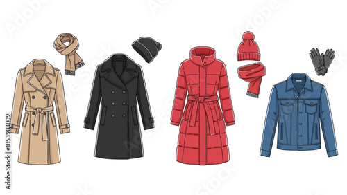 Vibrant winter clothing collection with stylish coats and accessories