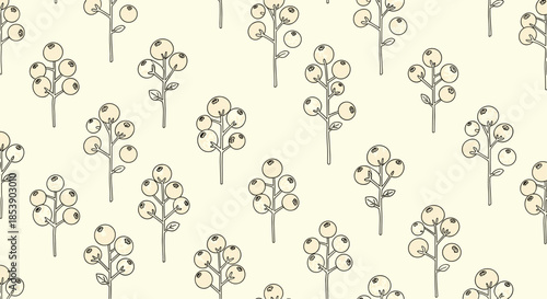 Delicate seamless pattern of small berry branches with clusters of round fruit in a soft hand drawn botanical style.