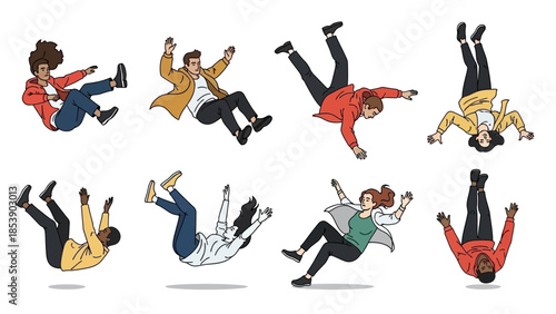 Diverse people falling in various poses with dynamic movements