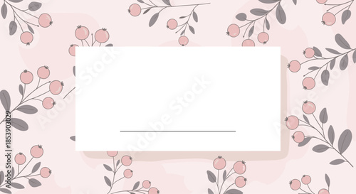 Elegant blank rectangular frame centered on a soft pink background decorated with delicate berry branch illustrations.