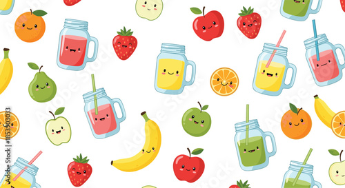 Adorable seamless pattern featuring smiling smoothie jars and happy fruit characters on a clean white background.