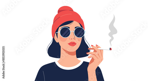 Stylish woman wearing a red beanie and round blue sunglasses smoking a cigarette in a cool urban illustration.