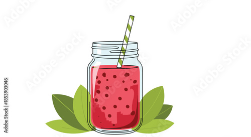 Refreshing pink berry smoothie in a glass mason jar with a striped straw and green leaves on white background.