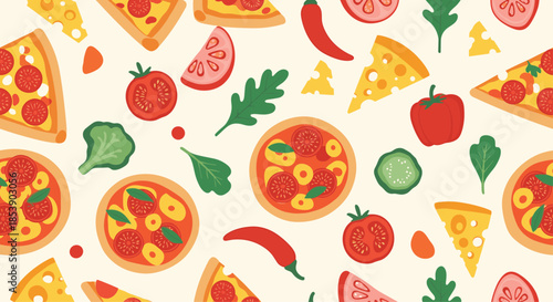 Seamless pattern with delicious pizza slices and fresh ingredients like tomatoes, peppers, and broccoli on a cream background.