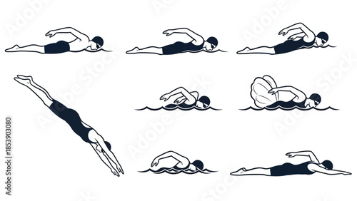 Swimmer in various freestyle swimming positions in water