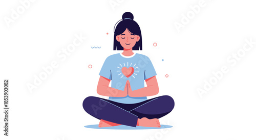 Woman sitting in a lotus pose meditating with a glowing heart on her chest symbolizing inner peace and self-love in a modern style.