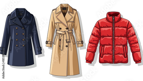 Three different coats on a white background for fashion illustration
