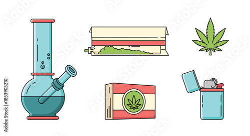 Collection of marijuana related icons including a bong, rolling machine, weed leaf, lighter, and stash box in a clean illustrative style.