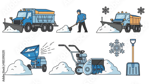 A collection of snow removal equipment and vehicles in winter