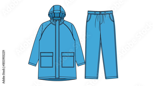 A blue raincoat and matching pants set for outdoor wear