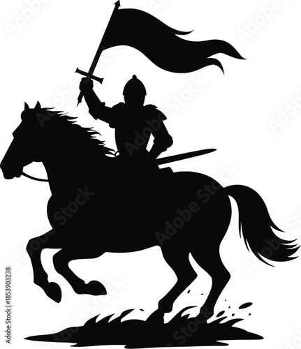 Black silhouette of knight on horse with raised sword and flag