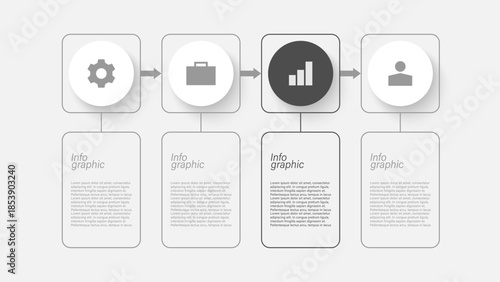 Minimalistic monochrome infographic template. Four step process infographic layout with square elements and business icons.